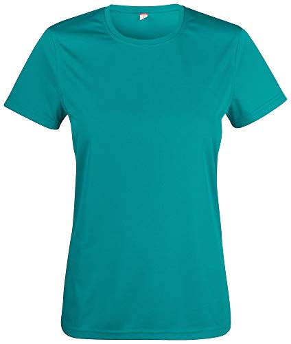 Atmungsaktives Damen-T-Shirt für Fitness, Sport und Freizeit mit UV50-Sonnenschutz. Das Sportshirt besteht zu 100% aus Polyester und verwendet Spin-Dye-Gewebe Türkis XXL von noTrash2003