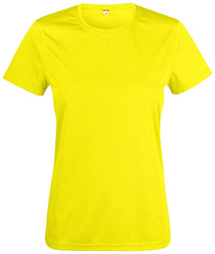 Atmungsaktives Damen-T-Shirt für Fitness, Sport und Freizeit mit UV50-Sonnenschutz. Das Sportshirt besteht zu 100% aus Polyester und verwendet Spin-Dye-Gewebe Neongelb S von noTrash2003