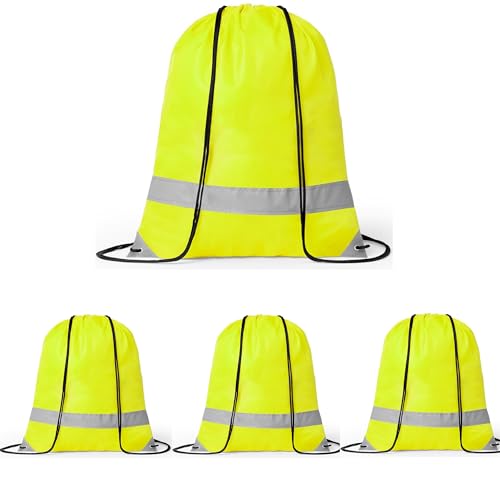 noTrash2003 4 Stück Kordelzug Turnbeutel mit Reflektorstreifen Sportbeutel Sporttasche Rucksack Wasserdichter Beutel Gym Bag für Damen Herren Jungs Mädchen Teenager Sicherheit im Dunklen (Gelb) von noTrash2003