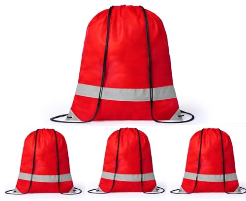 noTrash2003 4 Stück Kordelzug Turnbeutel mit Reflektorstreifen Sportbeutel Sporttasche Rucksack Wasserdichter Beutel Gym Bag für Damen Herren Jungs Mädchen Teenager Sicherheit im Dunklen (Rot) von noTrash2003