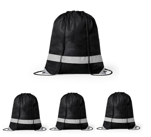 noTrash2003 4 Stück Kordelzug Turnbeutel mit Reflektorstreifen Sportbeutel Sporttasche Rucksack Wasserdichter Beutel Gym Bag für Damen Herren Jungs Mädchen Teenager Sicherheit im Dunklen (Schwarz) von noTrash2003