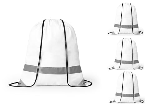 noTrash2003 4 Stück Kordelzug Turnbeutel mit Reflektorstreifen Sportbeutel Sporttasche Rucksack Wasserdichter Beutel Gym Bag für Damen Herren Jungs Mädchen Teenager Sicherheit im Dunklen (Weiss) von noTrash2003