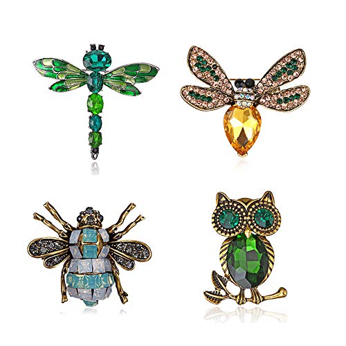 4 Stück Tier Insekt Brosche Set, Vintage Style Strass Kristall Libelle Owl Biene Brosche Pin Tier Brosche Pins Schmuck für Frauen Mädchen/für Frauen Kleidung Kleid Schal Dekoration von Lulullaby