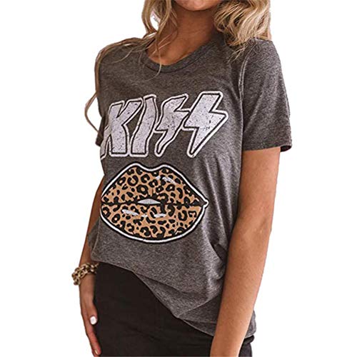 Damen T-Shirt mit Leopardenmuster, Lippen, Kuss, Buchstabendruck, Rundhalsausschnitt, lässig, kurzärmelig Gr. XXL, grau von NOBRAND