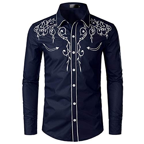 NOBRAND JINYAUN Stilvolles Western-Cowboy-Shirt für Herren, Stickerei, schmale Passform, lässig, Langarm-Shirt, Herren, Hochzeit, Party-Shirt, navy, XL von NOBRAND