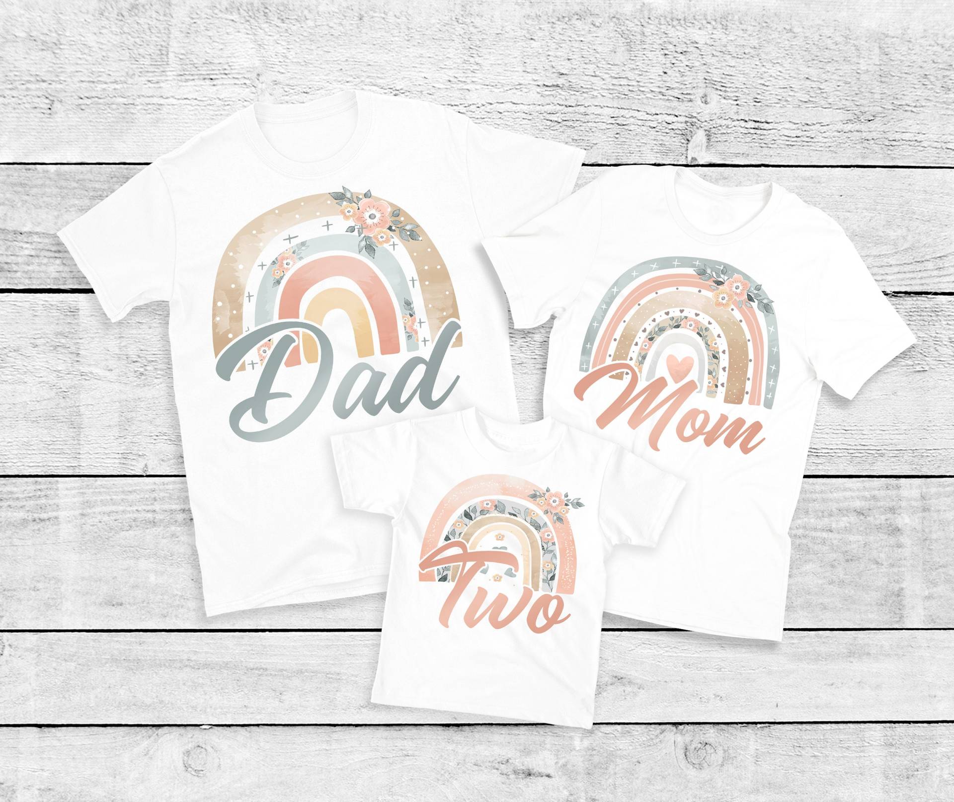 Aquarell Boho Regenbogen Familie T-Shirts Für Ihre 2.geburtstagsfeier -Regenbogen Bday Mädchen, 2.geburtstags Mama Papa Nana Schwester Tante von noellebydesign