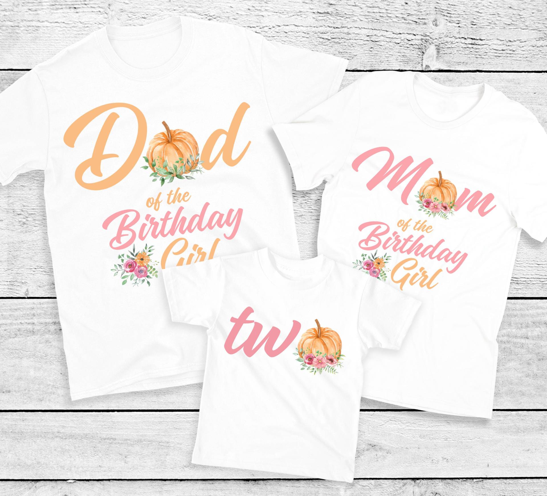 Blumen Kürbis Geburtstag Familien Shirts - Rosa Und Orange 2. Mädchen, Mama Papa Nana Bruder Tante, Unser Kleiner Ist Zwei von noellebydesign