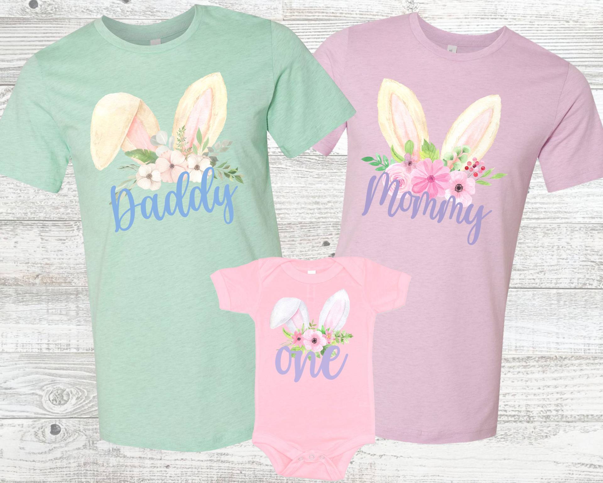 Hase Geburtstag Passende Familien Shirts - 1. Mädchen, Mama Papa, Ein Bodysuit, Blumenhase, Pastellfarbenes Hemd, Etwas von noellebydesign