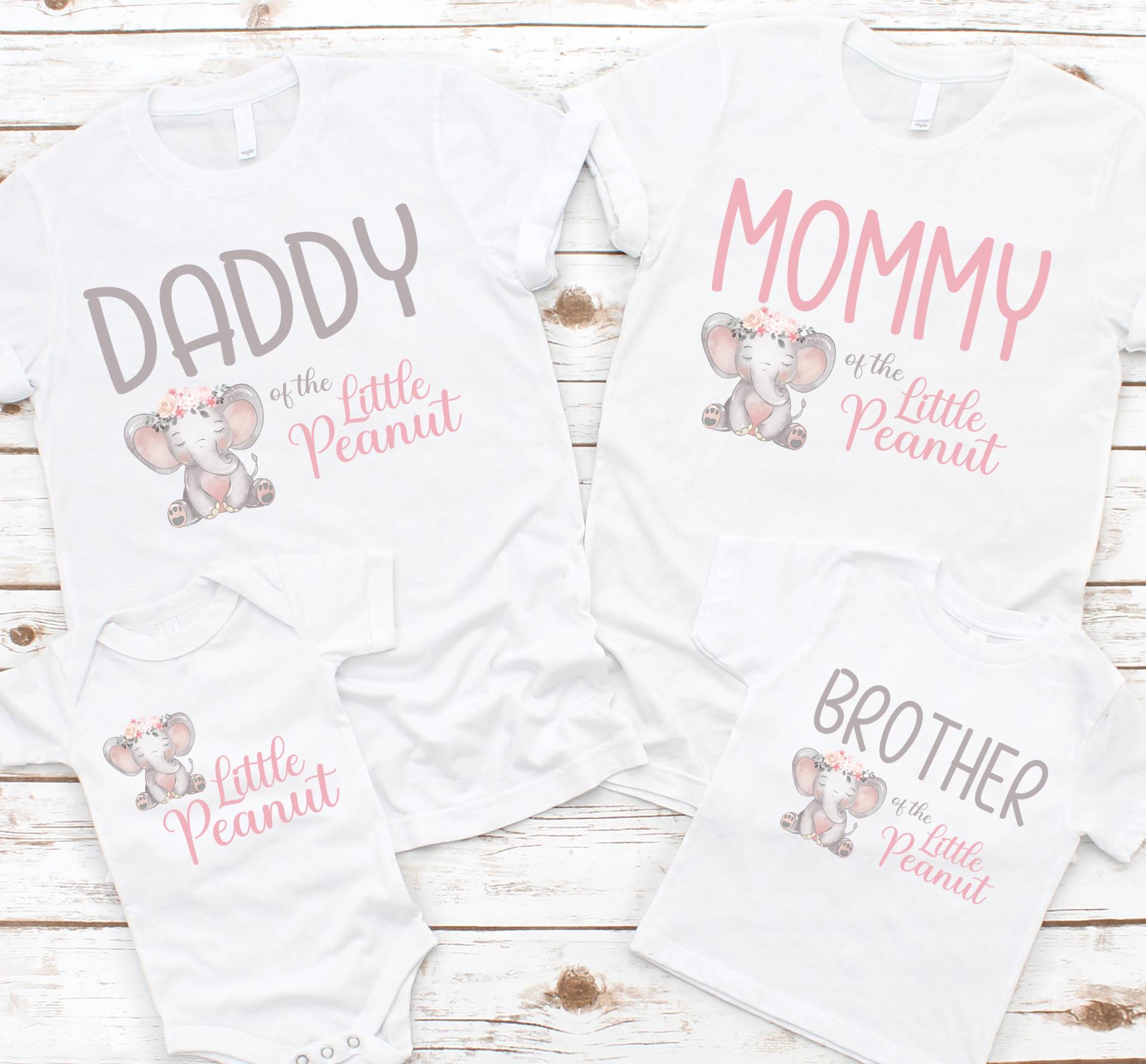 Elefant Familie T-Shirts Für Mädchen-Babyparty - Kleiner Erdnuss, Rosa Elefant, Mama Papa Oma Opa Schwester Tante, Babyparty-Shirts Mädchen von noellebydesign