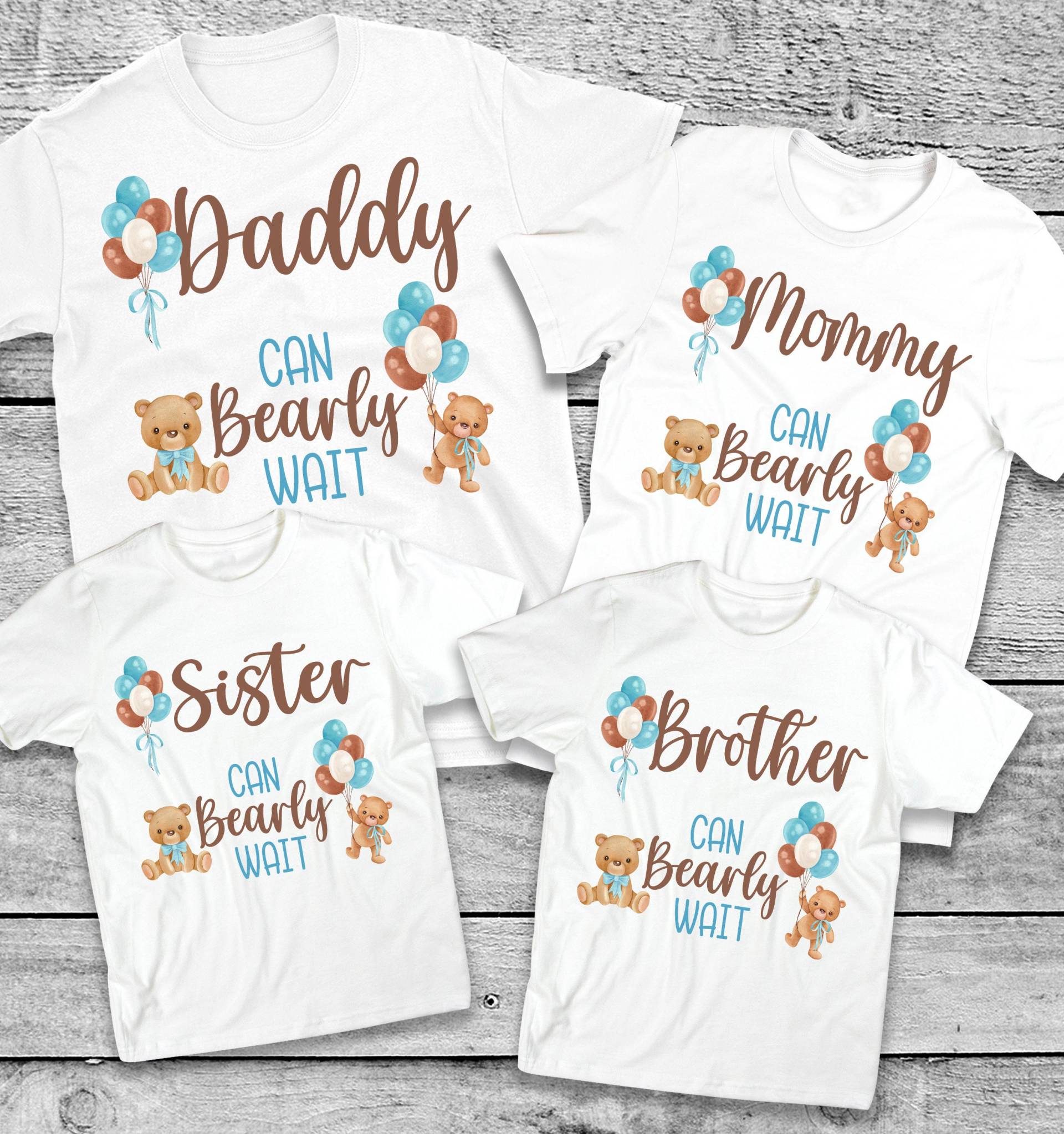 Kann Bärenbabyparty-T-Shirts Warten - Junge Babyparty, Mama Papa Oma Bruder, Baby Bär, Blaue Bär Luftballons von noellebydesign