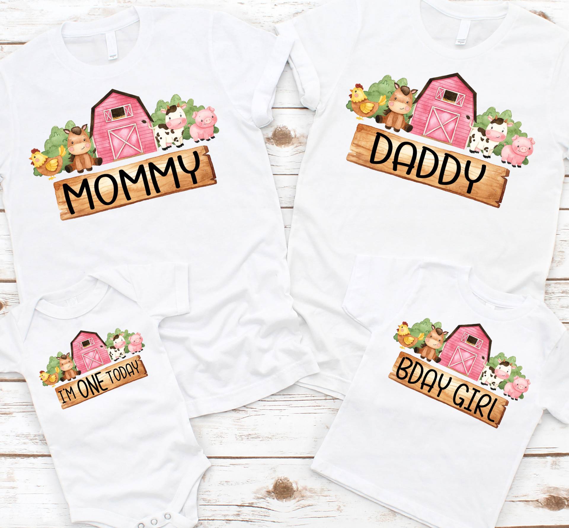 Rosa Bauernhof Tier Geburtstag Mit Passenden Familien T-Shirts - Barnyard 1. Mädchen, Mama Papa Oma, Rosa Geburtstagskind, Babyparty von noellebydesign