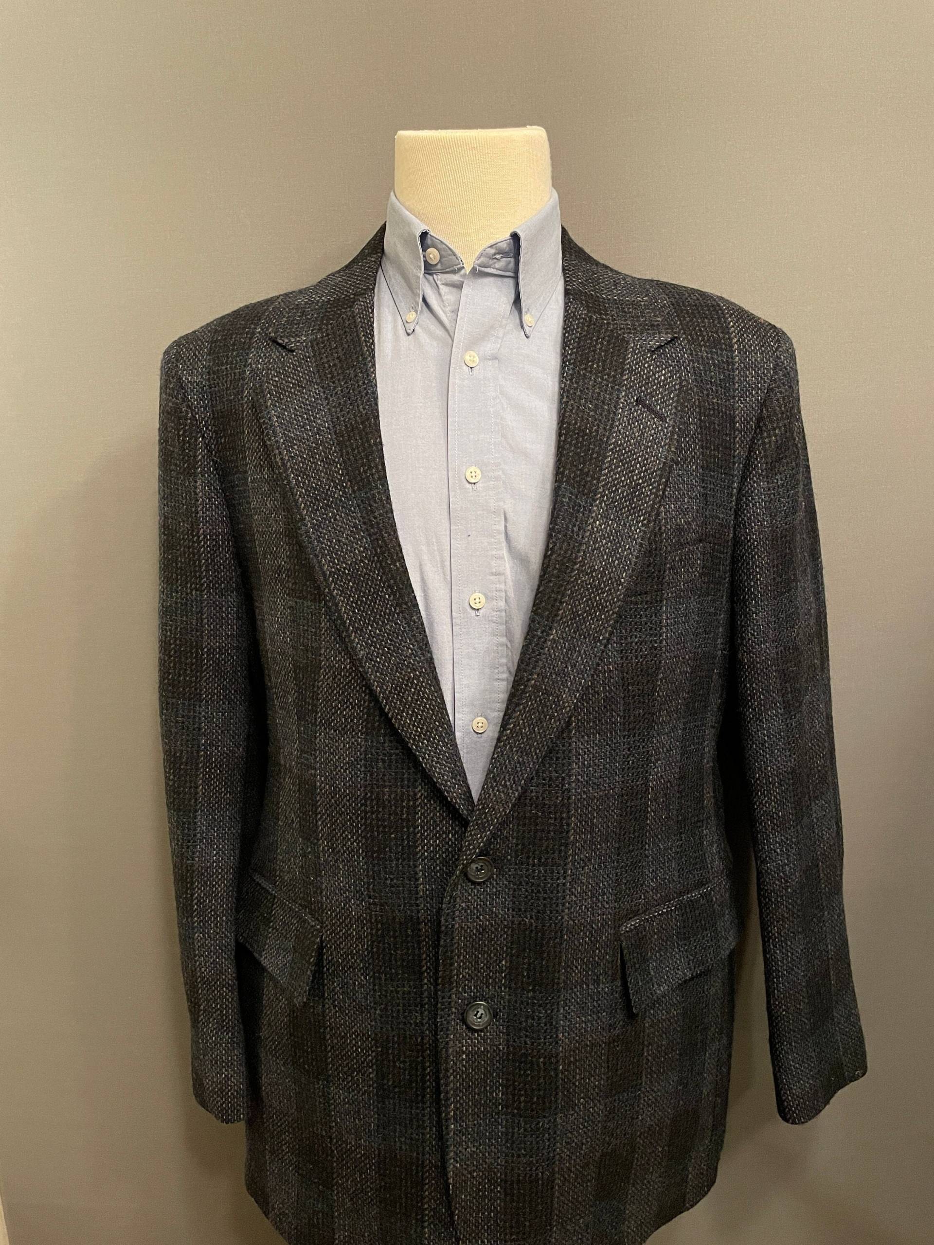 1970S Navy/Blau/Grau Kariert Herren 2-Knopf Tweed Blazer - Größe 40 von noiseofcarpet