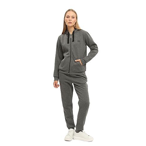 nolihoo Damen Trainingsanzug Sportanzug Jogginganzug Hausanzug Kuschelig Set mit Reißverschluss, Taschen und Kapuze 2 Teilig L Grau von nolihoo