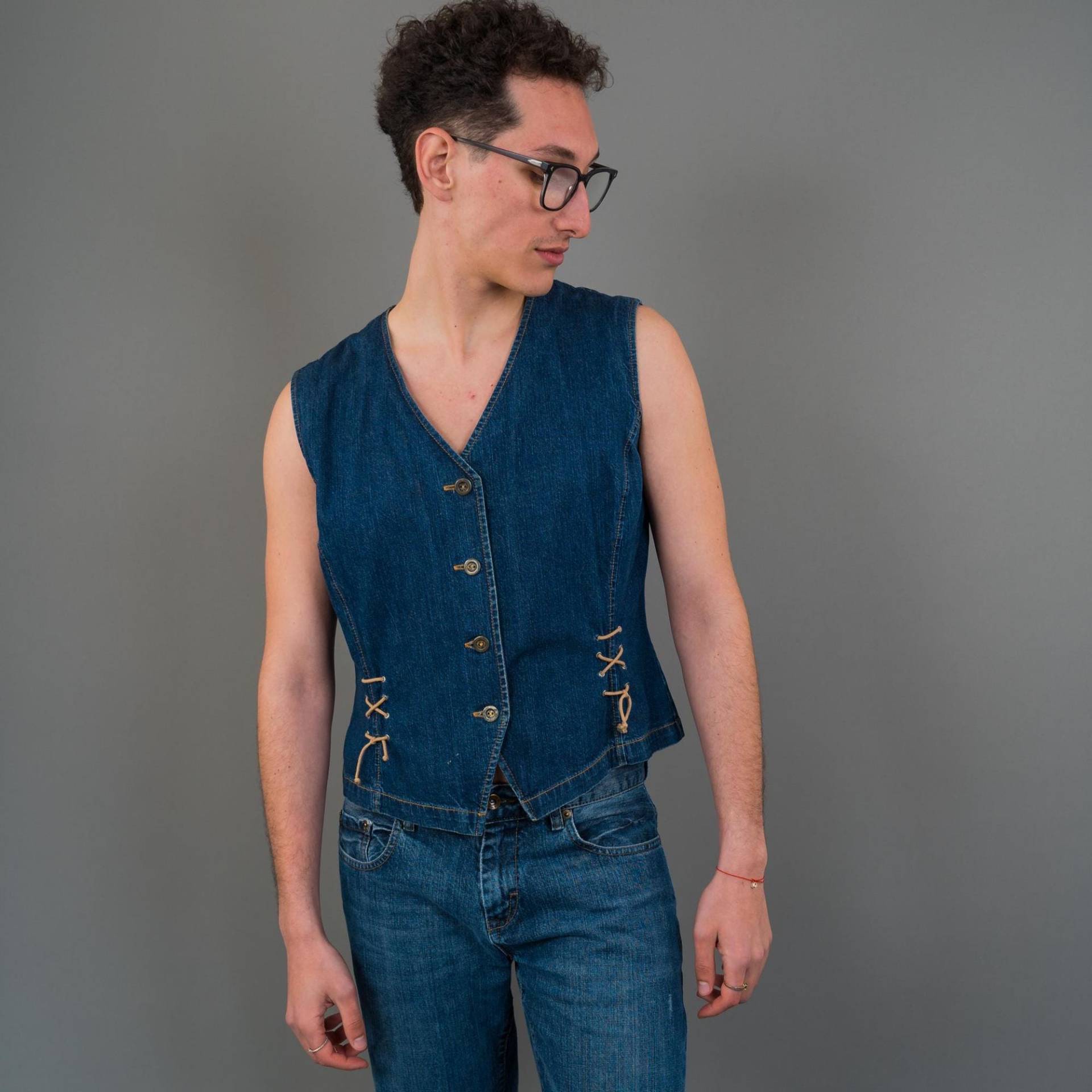 80S Vintage Button Up Denim Vest - Size L Eu 42 Dark Wash Boho Chic Style Gender Neutral von nonaClothingVintage