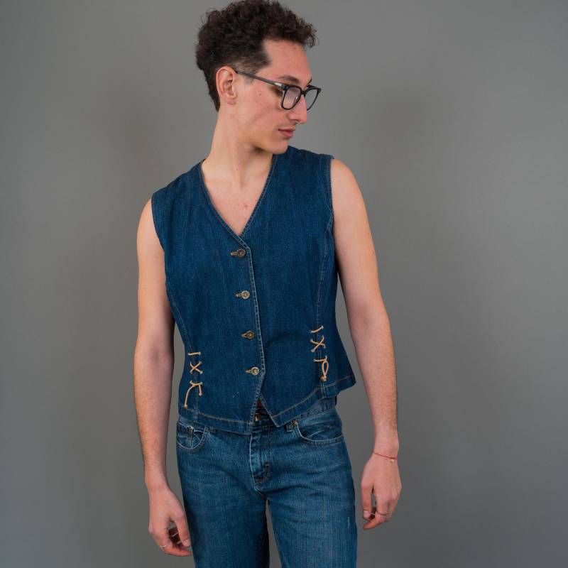 80S Vintage Button Up Denim Vest - Size L Eu 42 Dark Wash Boho Chic Style Gender Neutral von nonaClothingVintage