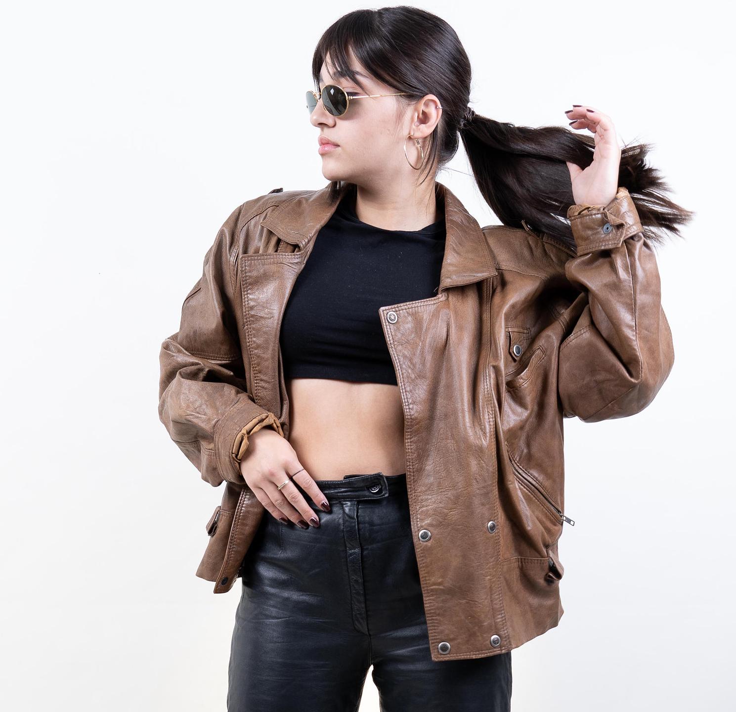 80S Vintage Distressed Brown Leather Bomber Jacket - Retro Size M | Unique Clothing Fashion Grunge Style Outerwear von nonaClothingVintage