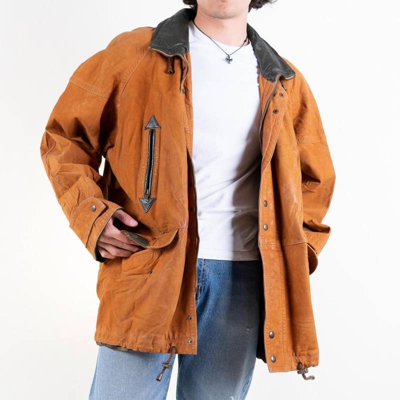 80S Vintage Leather Jacket | Cider Peanut Brown Size Xl Oversized Unisex Man & Woman von nonaClothingVintage