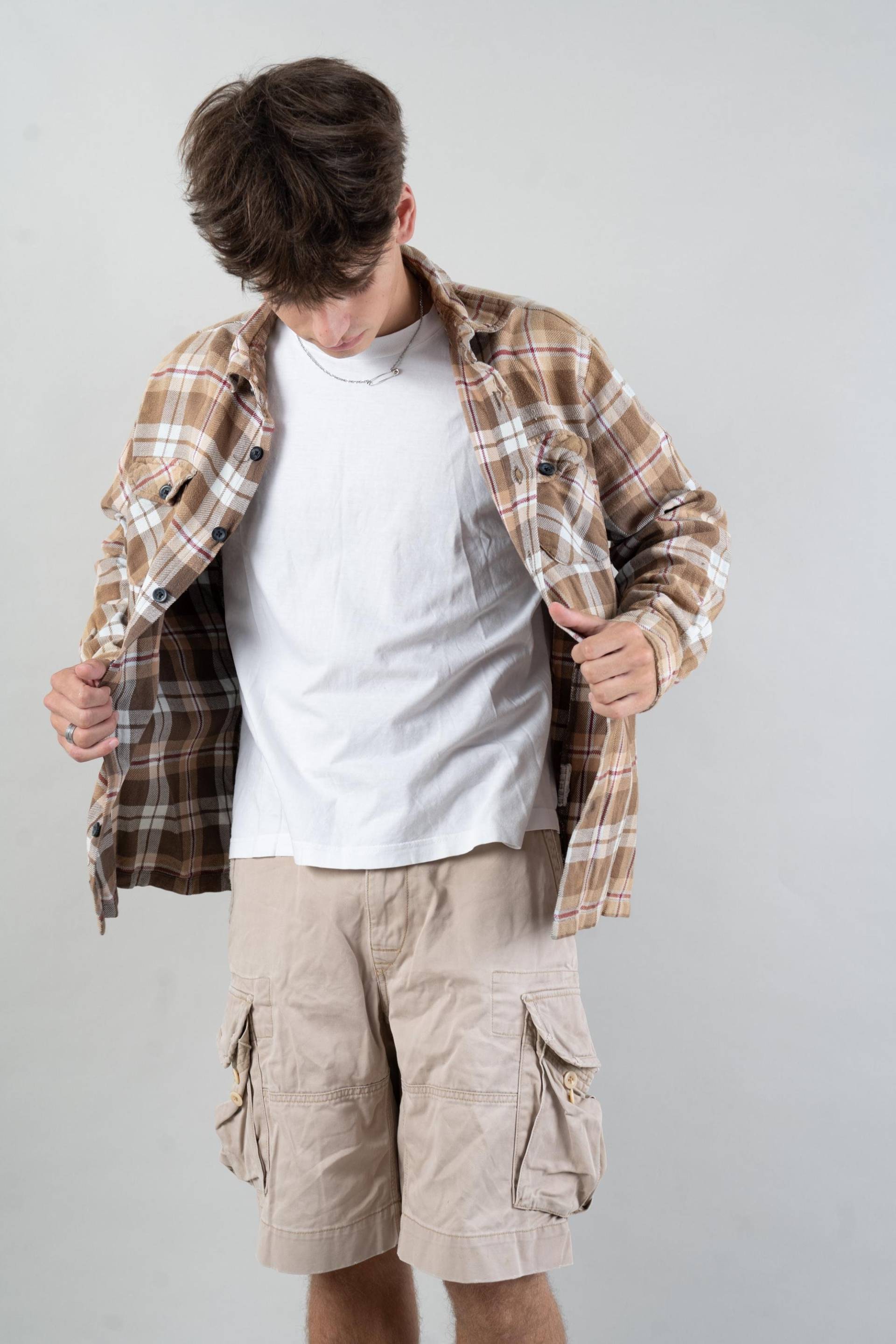 80S Vintage Lumberjack Shirt Button Up Grandpa Beige Check Pattern Gender Neutral Size M Cotton Second Hand von nonaClothingVintage