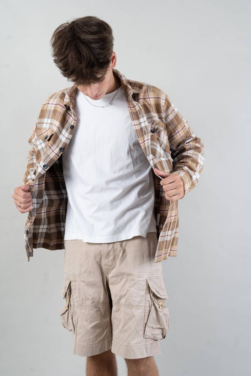 80S Vintage Lumberjack Shirt Button Up Grandpa Beige Check Pattern Gender Neutral Size M Cotton Second Hand von nonaClothingVintage