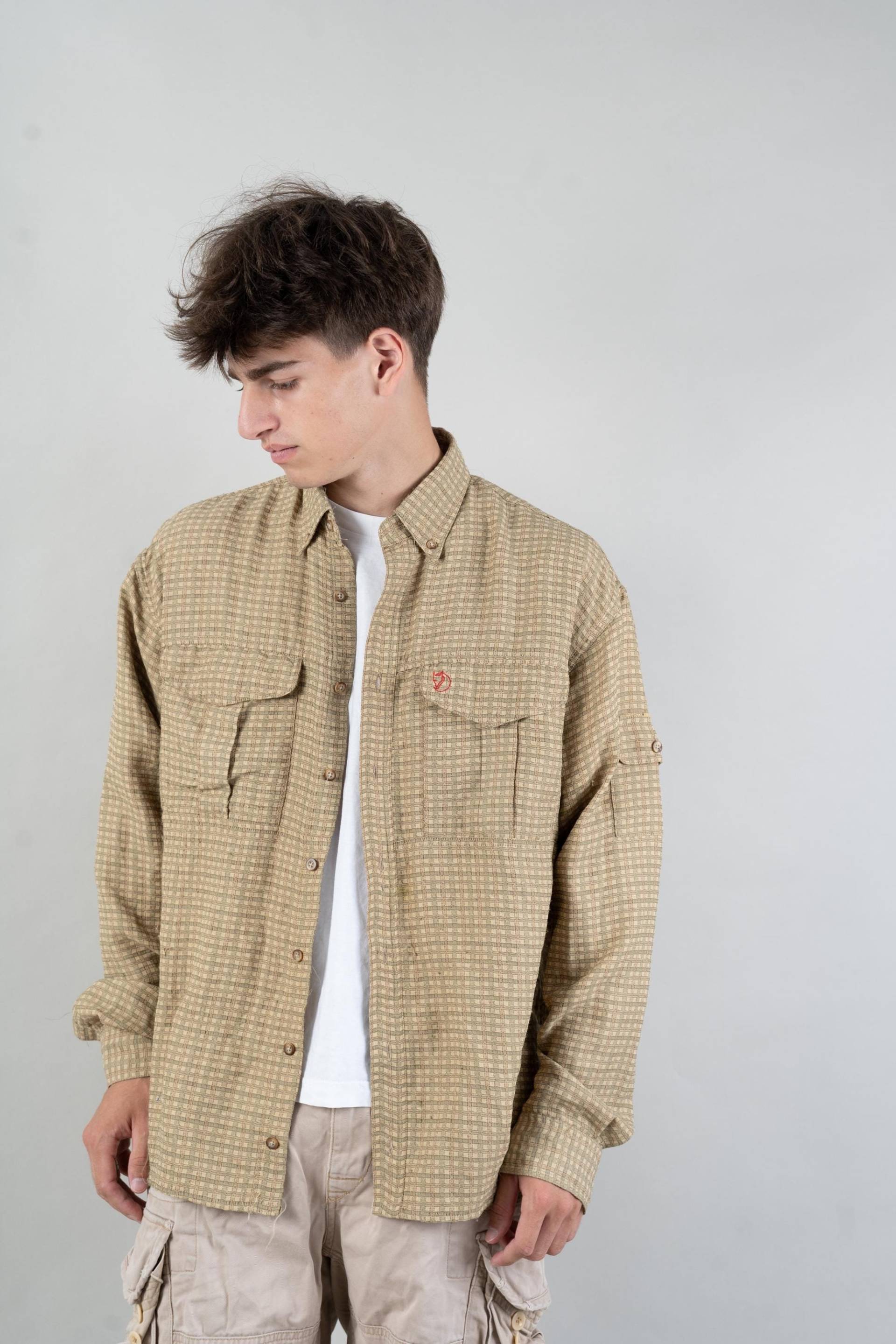 80S Vintage Lumberjack Shirt Fjällräven Fjäll Räven Button Up Grandpa Beige Check Pattern Gender Neutral Size Xl Cotton 90S von nonaClothingVintage