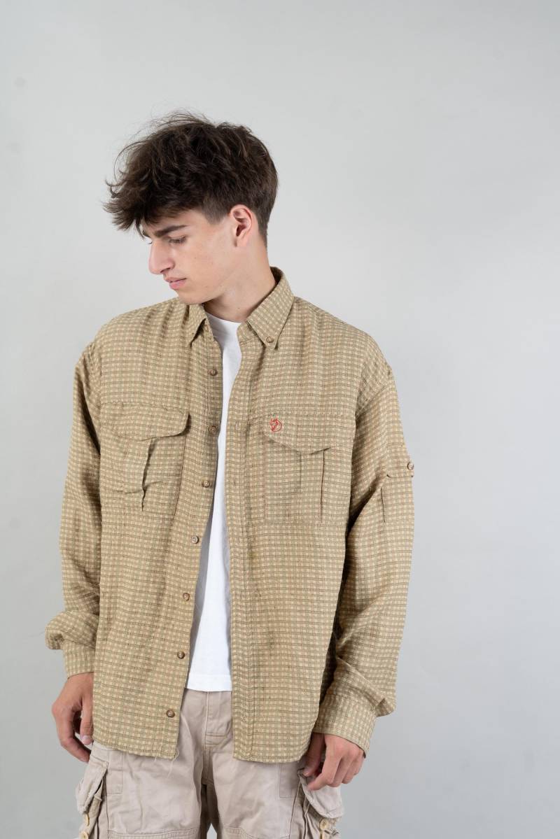80S Vintage Lumberjack Shirt Fjällräven Fjäll Räven Button Up Grandpa Beige Check Pattern Gender Neutral Size Xl Cotton 90S von nonaClothingVintage