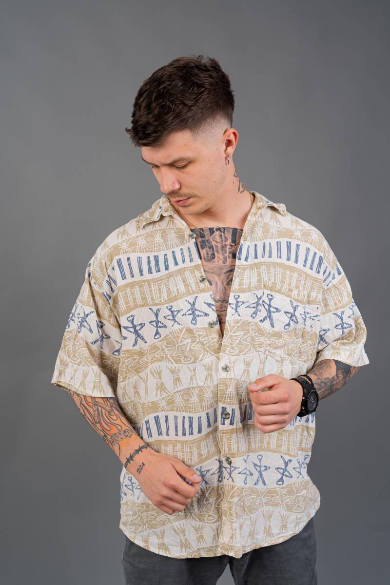 80S Vintage Oversized Printed Shirt - Short Sleeve Cotton Festival Top in Size Xxl Boho Brown Perfect For Retro Style von nonaClothingVintage
