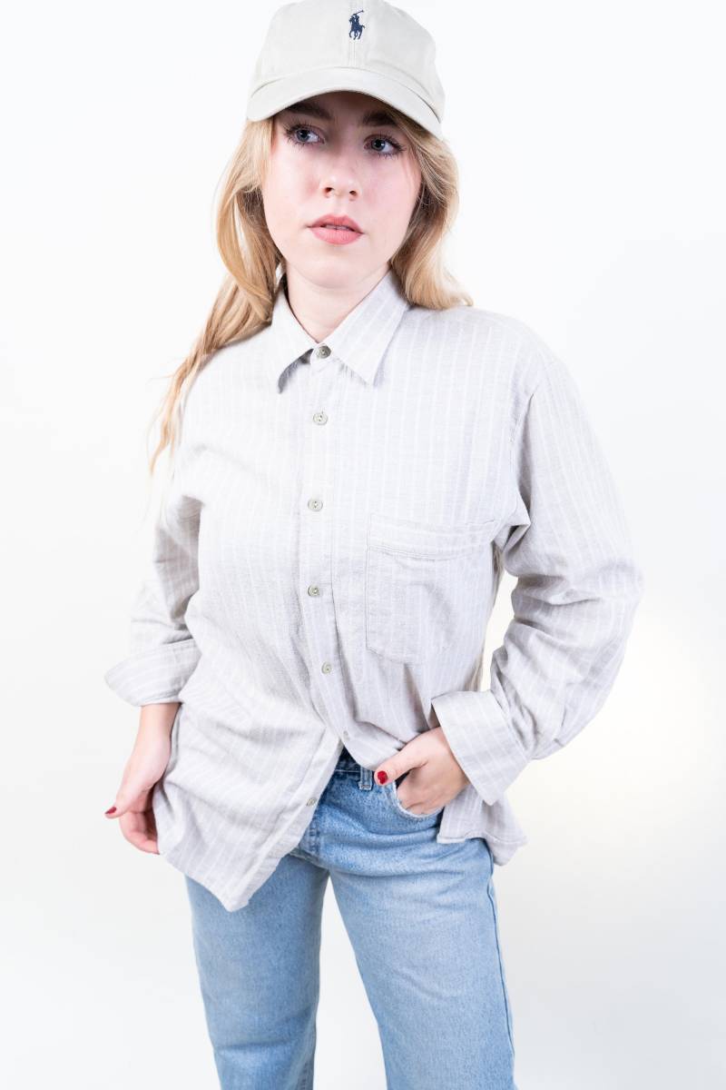 80S Vintage Shirt Cream Check Pattern Hard Cotton Flannel Size Xl Lumberjack Gender Neutral Front Pocket Second Hand von nonaClothingVintage