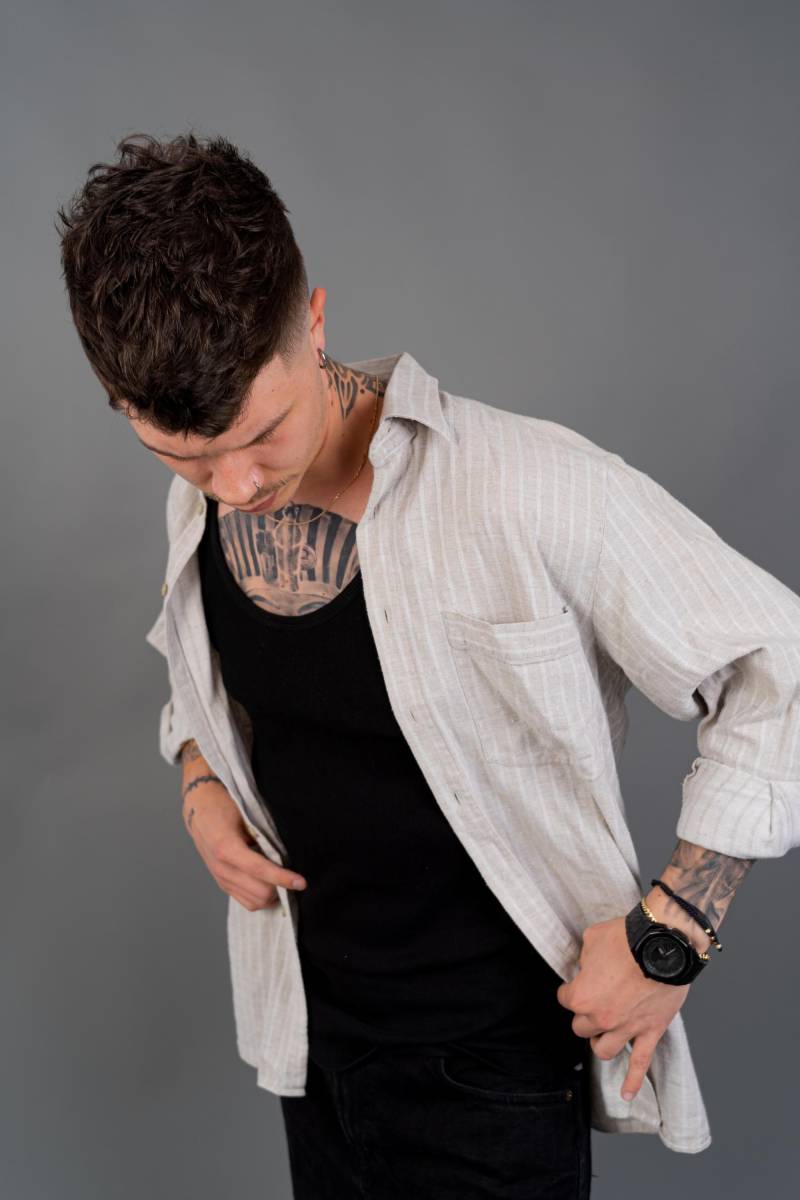 90S Vintage Button Up Shirt | Beige Grey Size Xxl Hard Cotton Men's Casual Summer von nonaClothingVintage