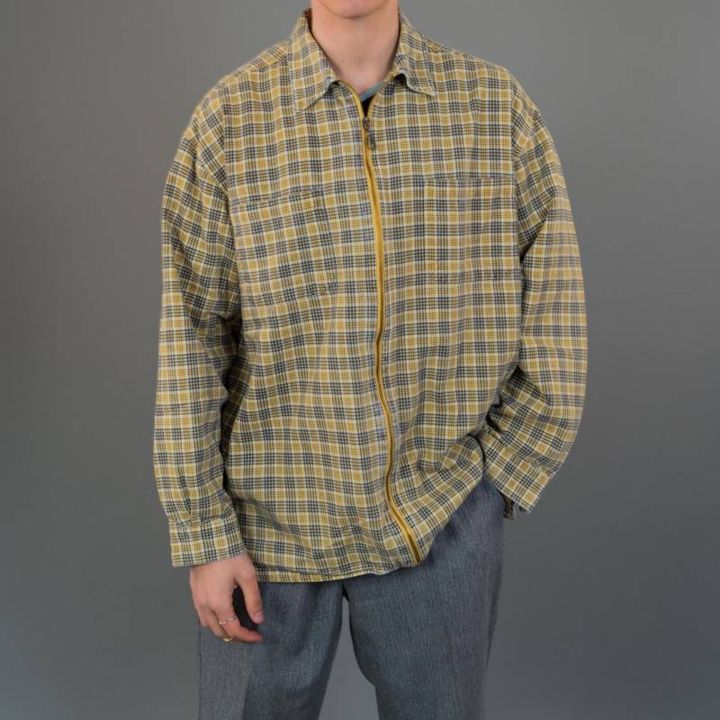 90S Vintage Hard Cotton Zip-Up Shirt Jacket - Yellow & Grey Check Pattern Size Xl Gender Neutral Granola Girl Style Outdoor Adventures von nonaClothingVintage