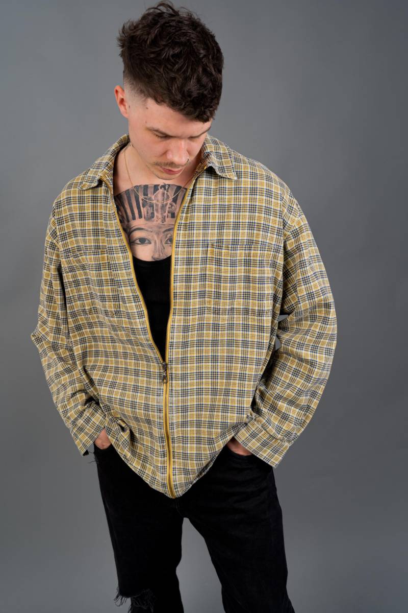 90S Vintage Hard Cotton Zip-Up Shirt Jacket - Yellow & Grey Check Pattern Size Xl Gender Neutral Granola Girl Style Outdoor Adventures von nonaClothingVintage