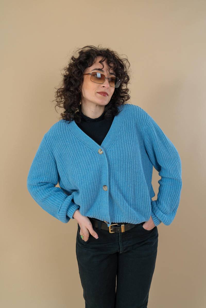 Blue Vintage Cardigan | Retro Knit Sweater Cozy Knitwear Classic Boho Women's Jacket Oversized Cropped von nonaClothingVintage
