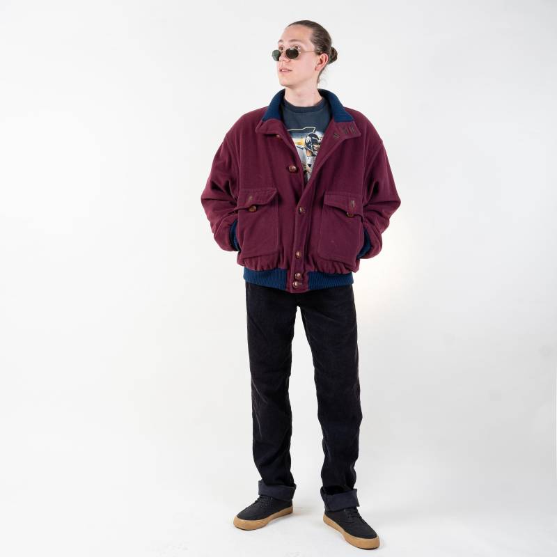 Hugo Boss Original 80S Vintage Cotton Bomber Jacket Size L Burgundy With Blue Hem & Details Colleague Gender Neutral Second Hand Cloth von nonaClothingVintage