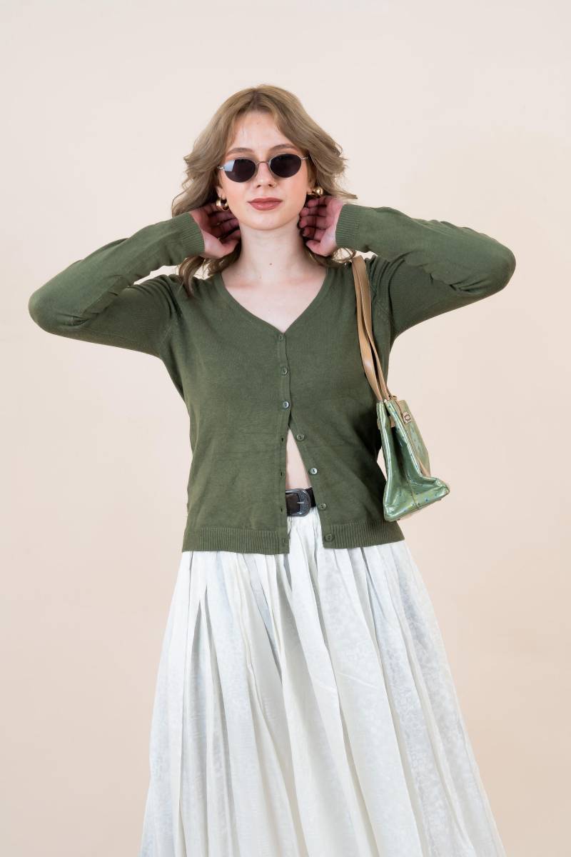 Khaki Henley Shirt - Woman Button Up Sweatshirt Cotton Size M von nonaClothingVintage