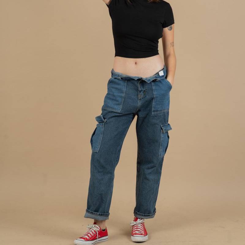 Patchwork Baggy Jeans Cargo Blue & Deep Vintage Size S/M von nonaClothingVintage