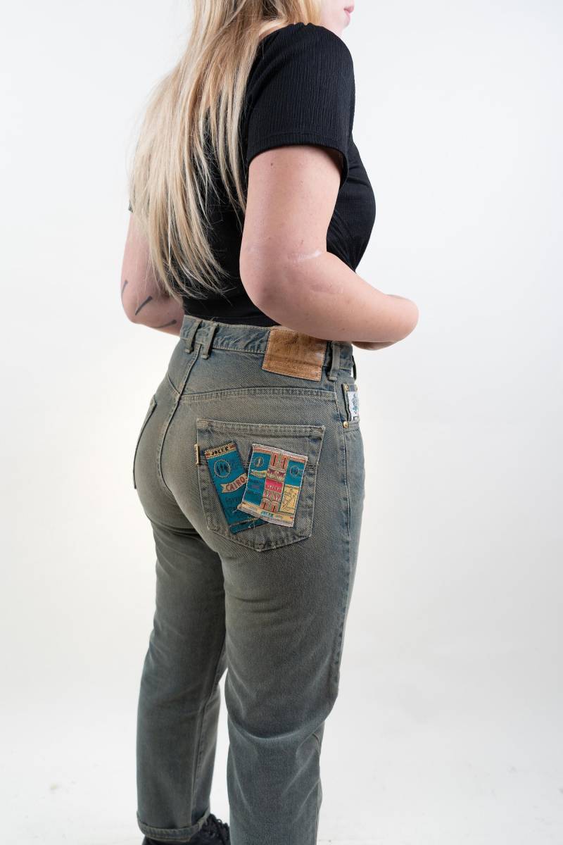 Size M 38 Brown Jeans Denim Pants High Waist Green Hard Cotton 80S Gender Neutral 90S Aesthetic Y2K Grunge Second Hand von nonaClothingVintage