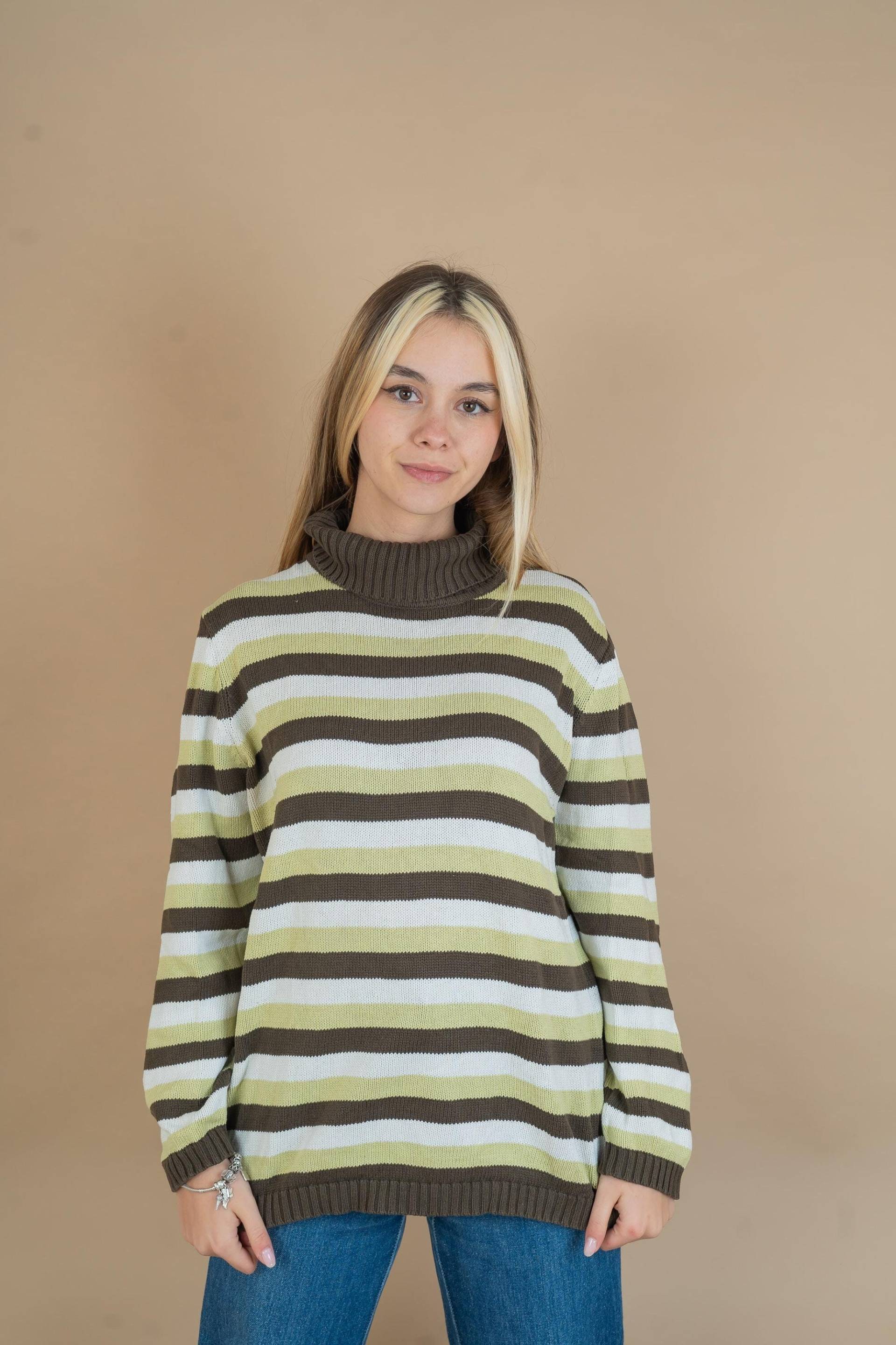 Turtleneck Jumper Size M/L Striped Pattern White Green Cotton Vintage Y2K Gender Neutral von nonaClothingVintage