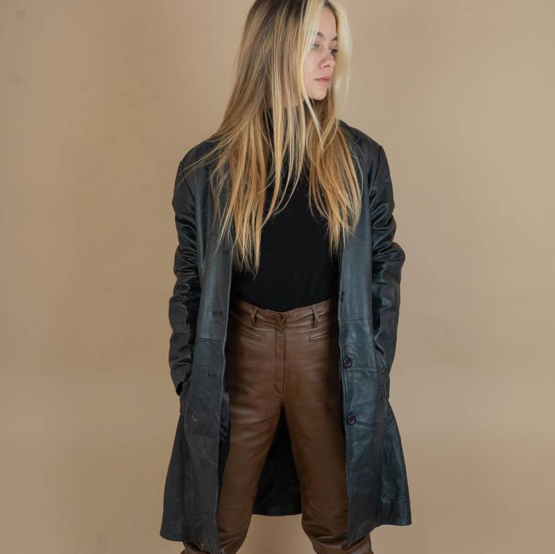 Vintage 80S Black Leather Coat | Size L Distressed Button-Up Jacket Retro Fashion von nonaClothingVintage