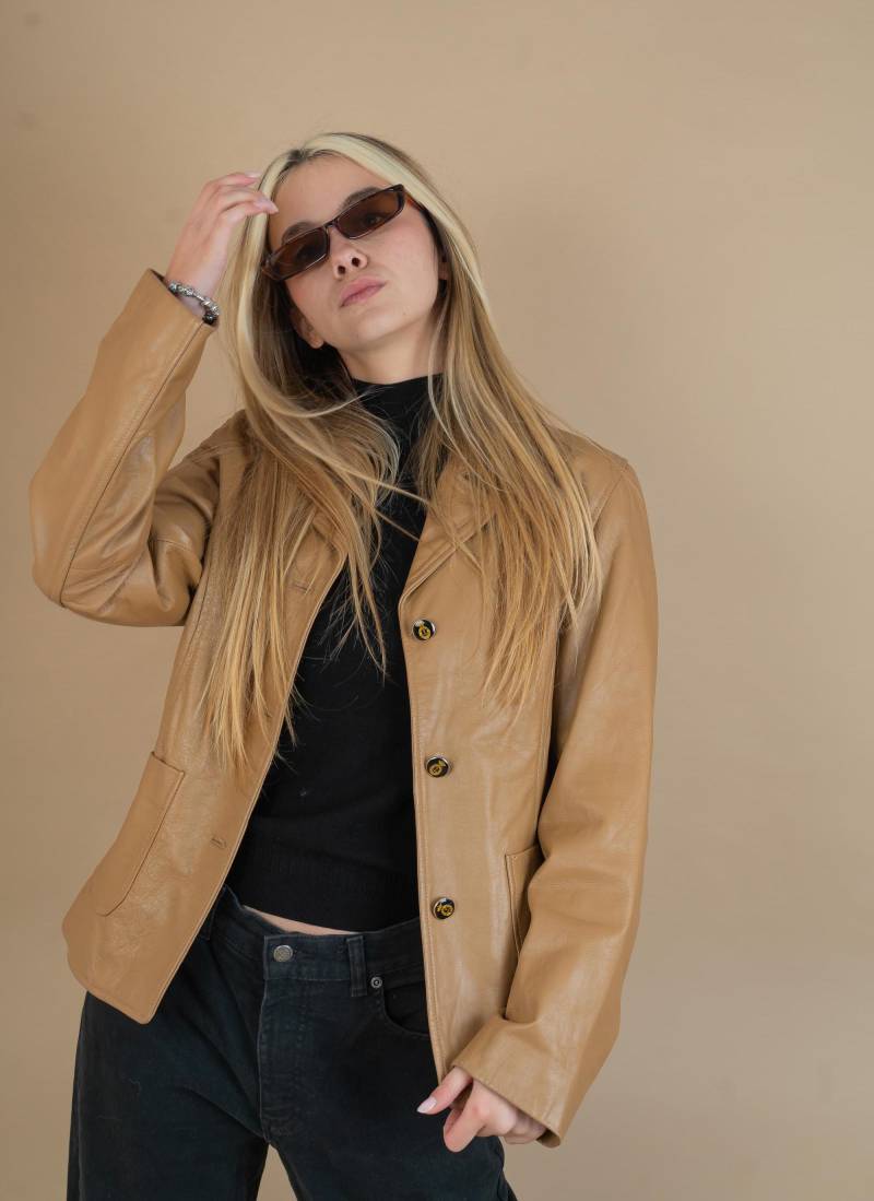 Vintage Beige Leather Jacket Blazer Oversized Brown 80S 90S Size M Aesthetics von nonaClothingVintage