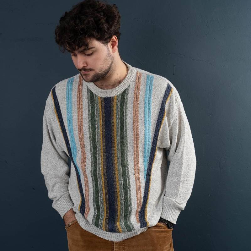 Vintage Beige Sweater Striped Pattern Coogi Style/Carlo Colucci 90S Cotton Jumper Man Size L von nonaClothingVintage