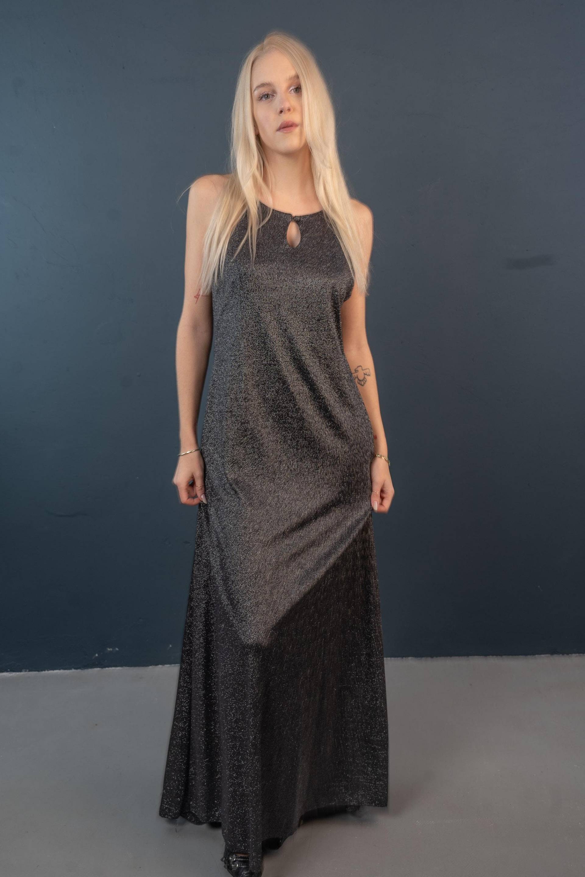 Vintage Black Maxi Glitter Dress Slip Size L Glamour 90S Second Hand von nonaClothingVintage