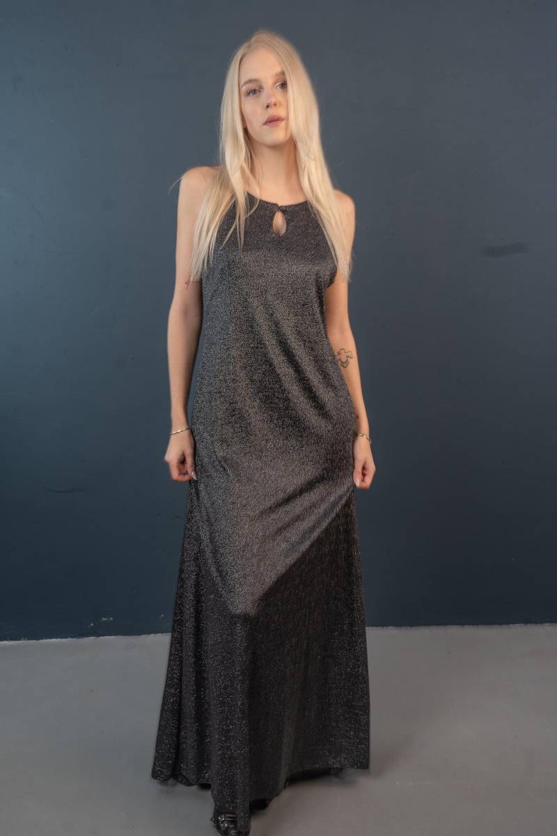 Vintage Black Maxi Glitter Dress Slip Size L Glamour 90S Second Hand von nonaClothingVintage