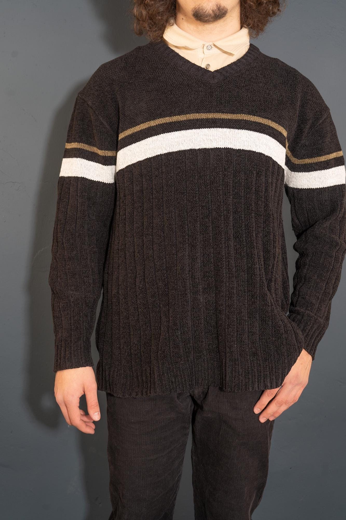 Vintage Black Striped Sweater 90S Cotton Jumper Pullover Size L - Xl Gender Neutral Second Hand von nonaClothingVintage