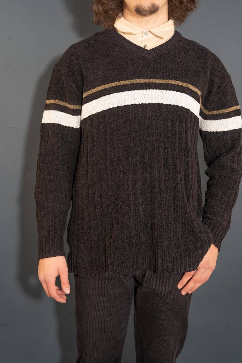 Vintage Black Striped Sweater 90S Cotton Jumper Pullover Size L - Xl Gender Neutral Second Hand von nonaClothingVintage