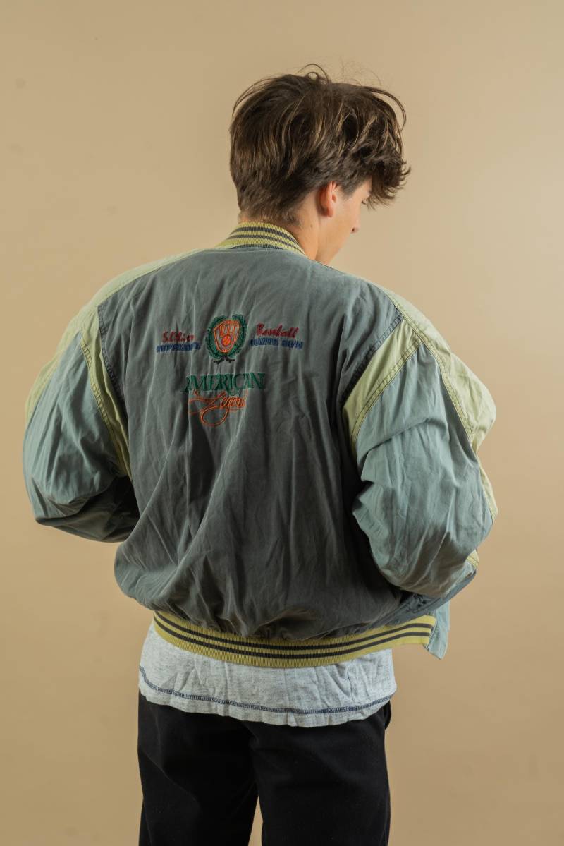 Vintage Bomber Jacket Reversible Inside Out Yellow Grey Baseball Size L Gender Neutral Cotton Lined von nonaClothingVintage