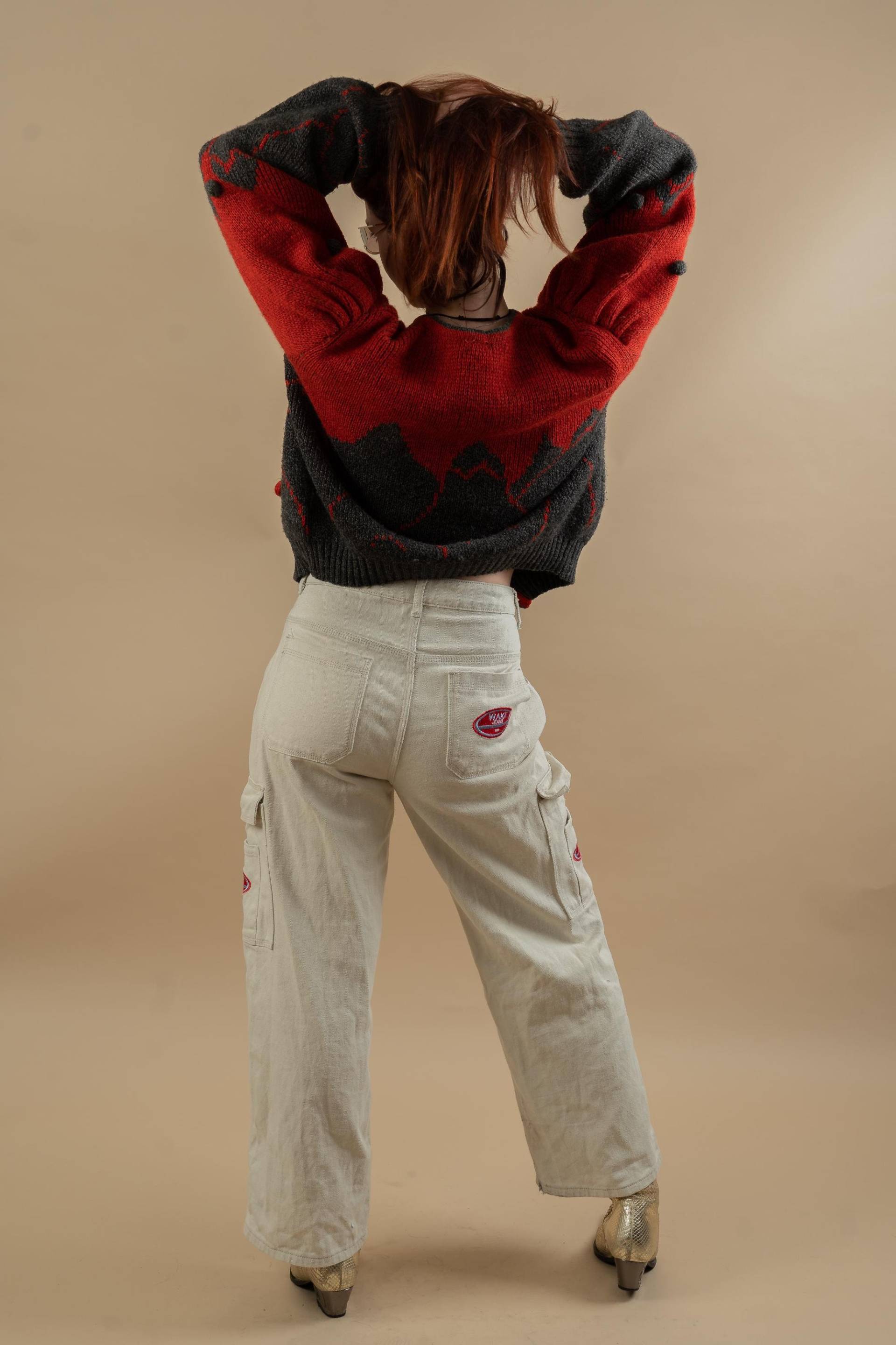 Vintage Cargo Denim Pants Cream With Pockets High Waist Size Us S/Eu M 80S 90S von nonaClothingVintage