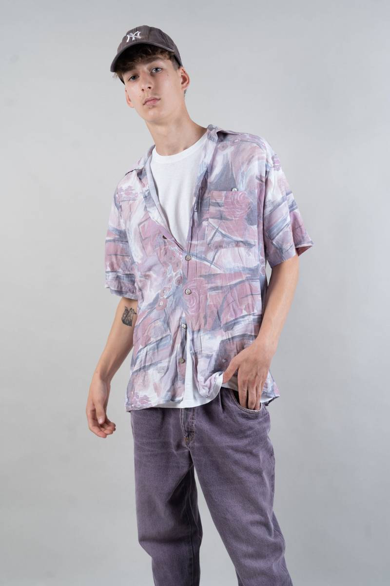 Vintage Cotton Shirt Shortsleeve Printed Pastel Purple L 80S von nonaClothingVintage