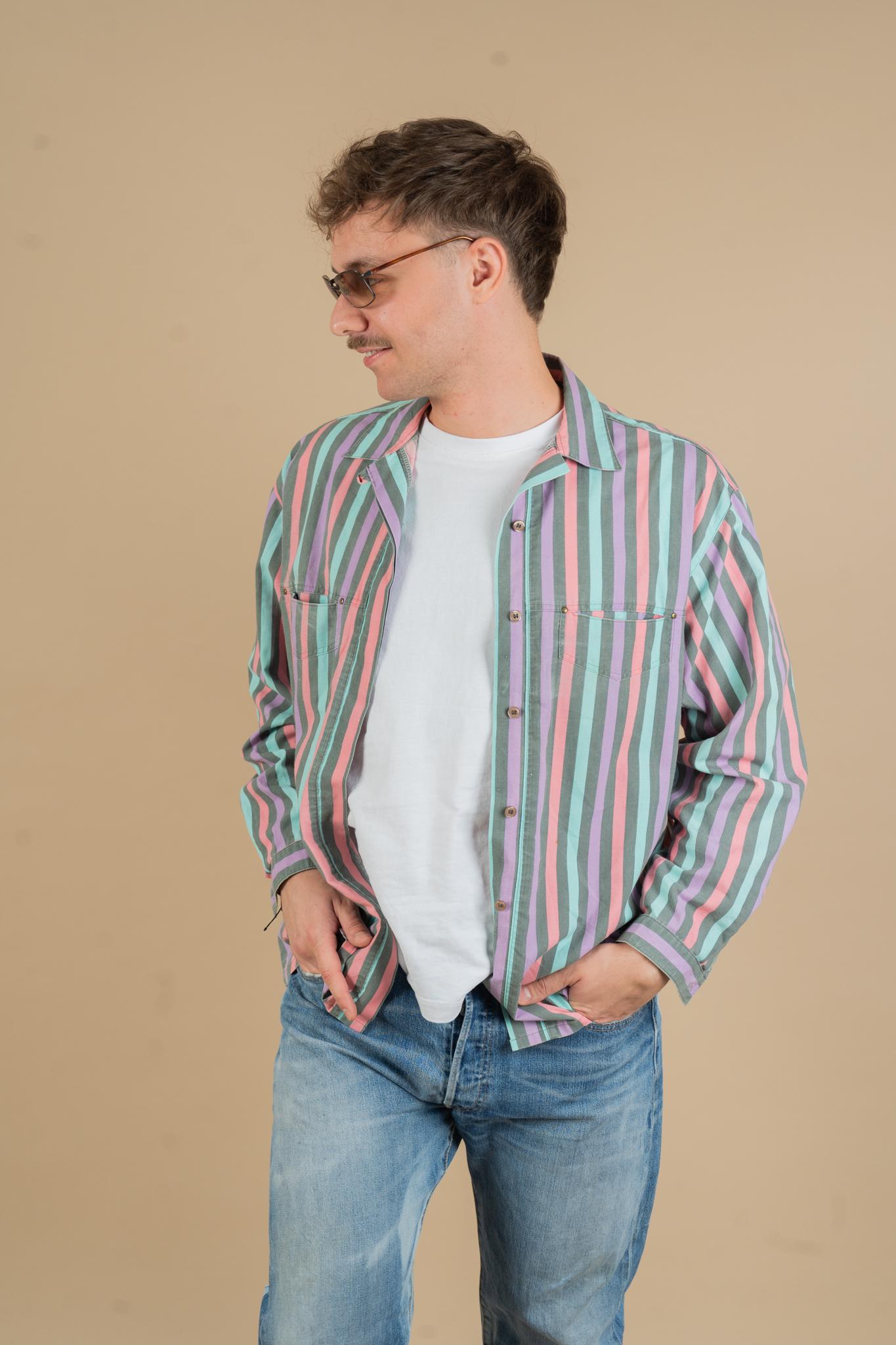 Vintage Cotton Shirt Striped Pattern Grey Size L 80S 90S Graphic von nonaClothingVintage