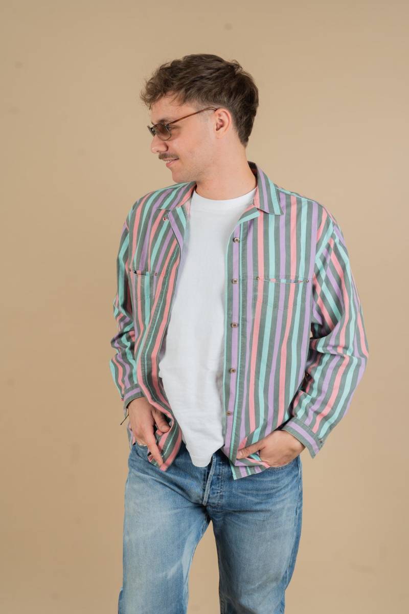 Vintage Cotton Shirt Striped Pattern Grey Size L 80S 90S Graphic von nonaClothingVintage