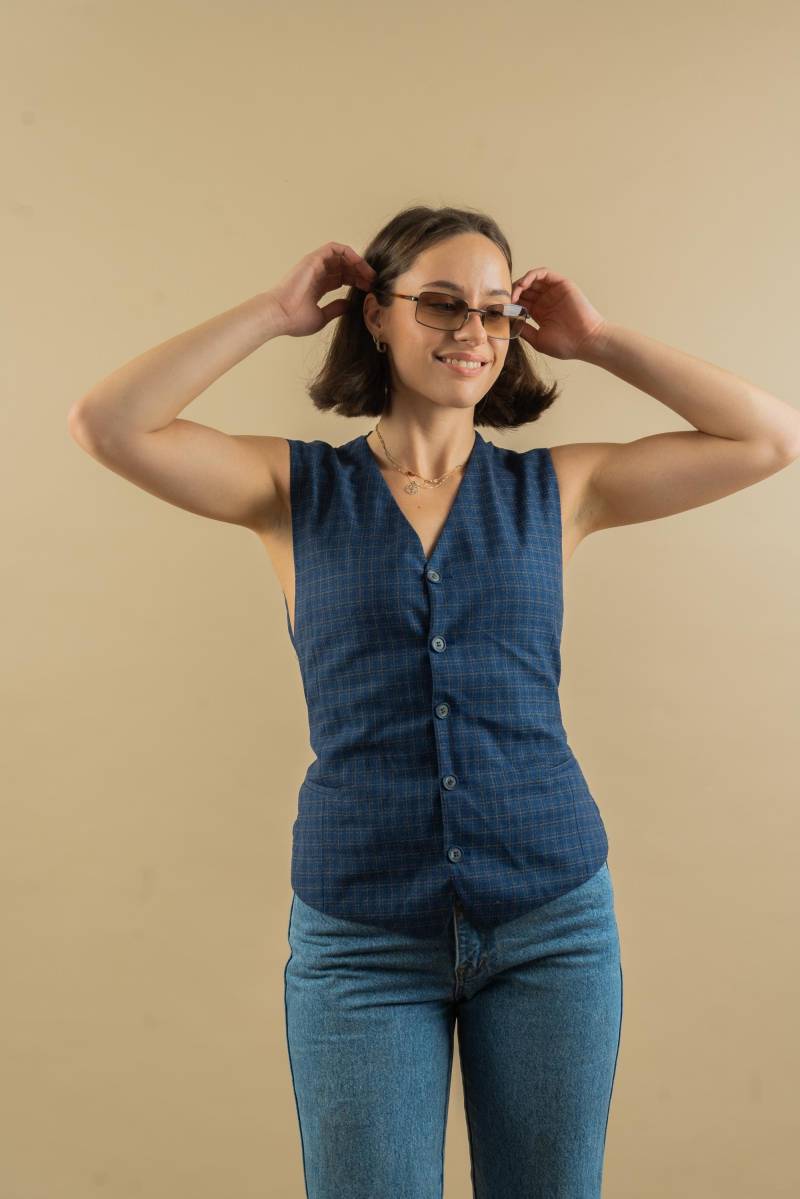 Vintage Cotton Vest Check Pattern Blue Grey Size M 80S von nonaClothingVintage