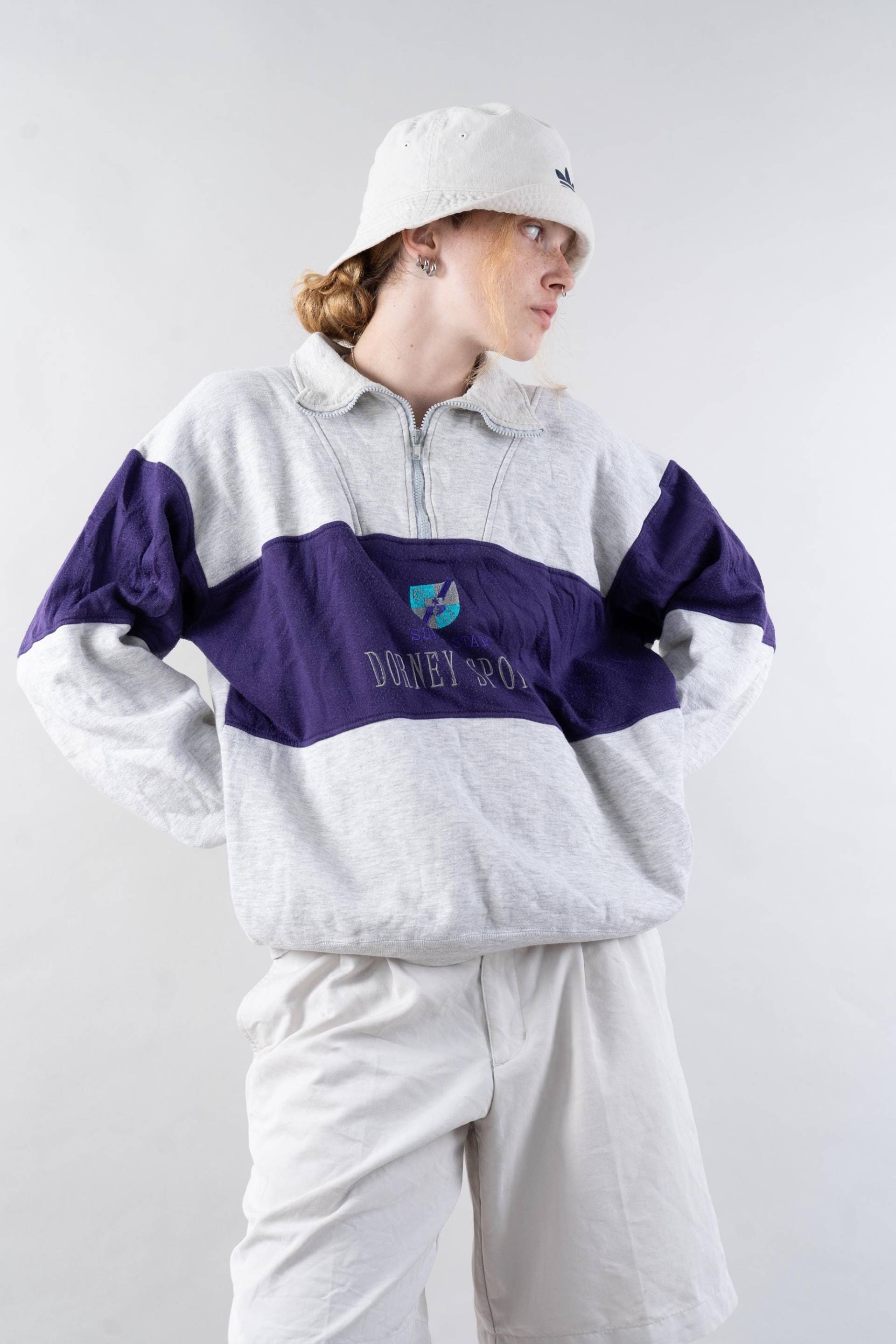 Vintage Crewneck Jacket Sweatshirt Grey Purple Pattern Zip Up Hem Cotton Size M/L Blend 80S 90S von nonaClothingVintage